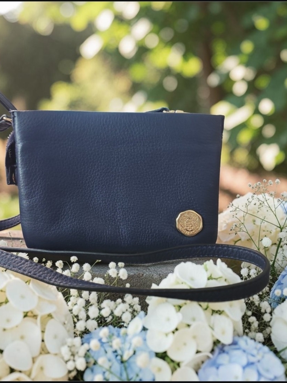 Vince Camuto Navy Leather Crossbody with Gold Medallion